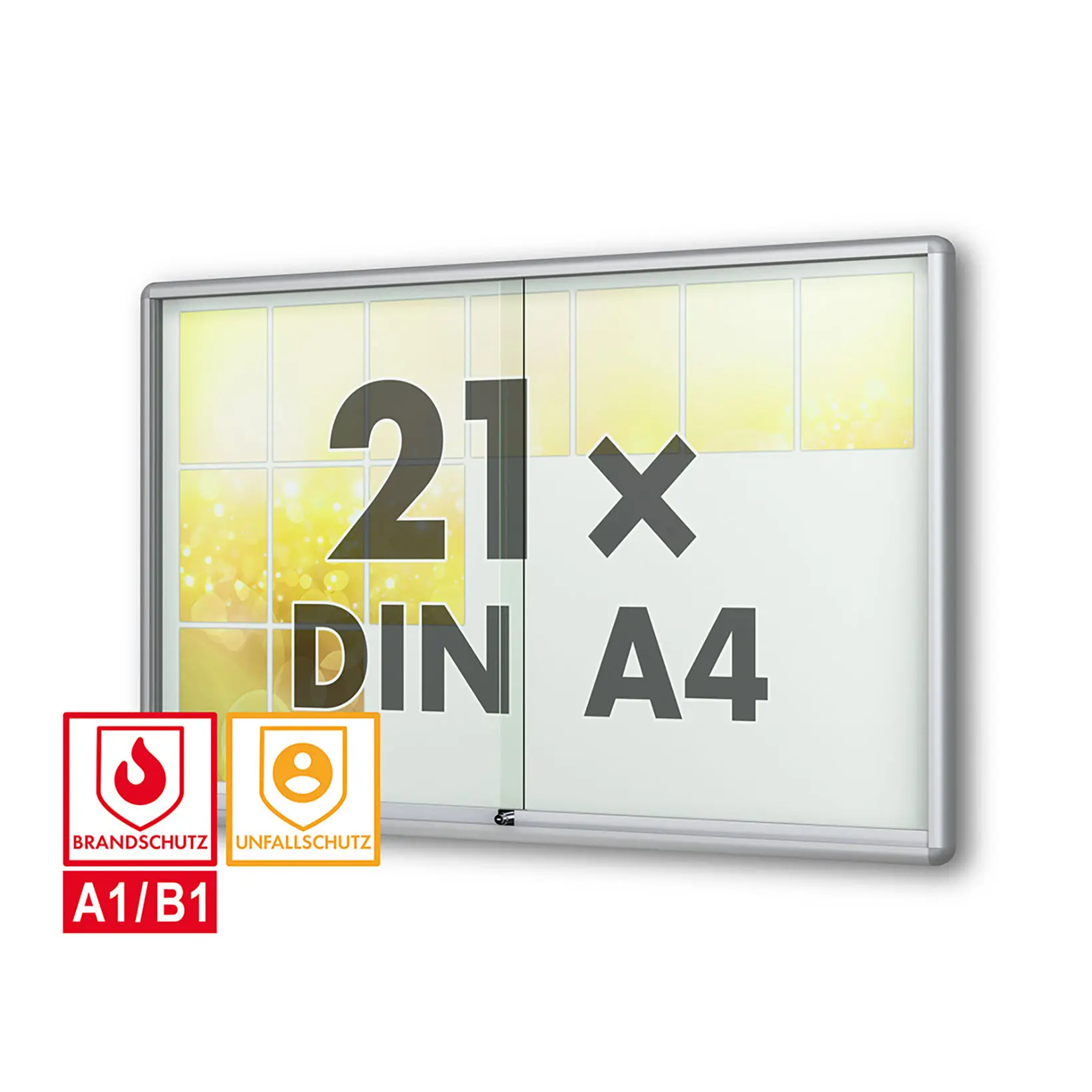 21 x DIN A4 Schaukasten Moveo - "die Schulvitrine" - 50 mm Bautiefe - mit Brandschutzklasse A1 - Rollengelagerte Schiebetüren✓ abschließbar✓ ESG-Sicherheitsglas✓